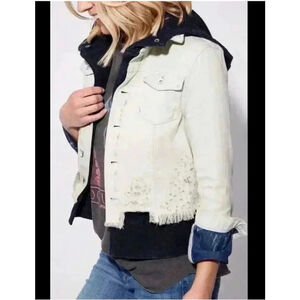 Women's Free People Jean Jacket S Light Blue Navy Distressed Hoodie